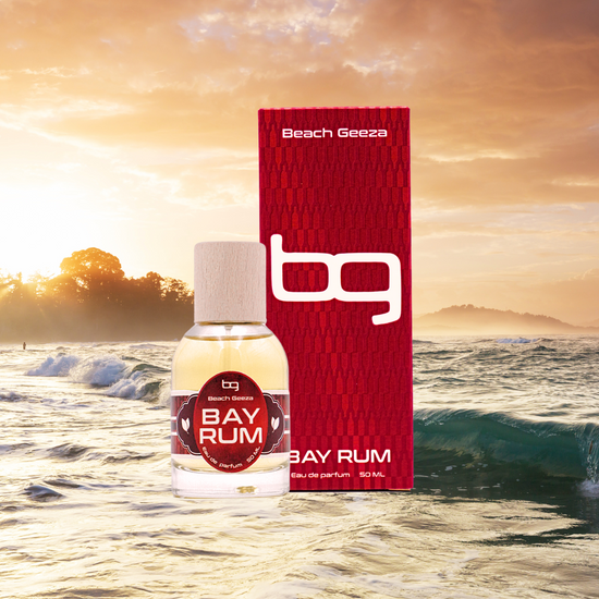 Beach Geeza Bay Rum perfume bottle and packaging with a sunset beach background