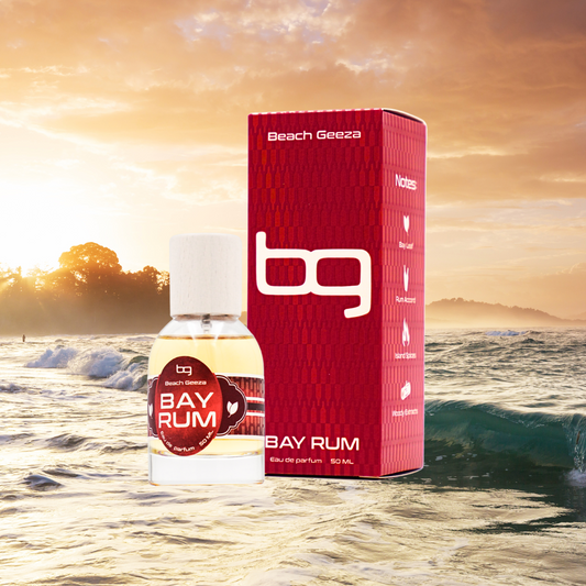 Bottle and box of Beach Geeza Bay Rum with a beach background