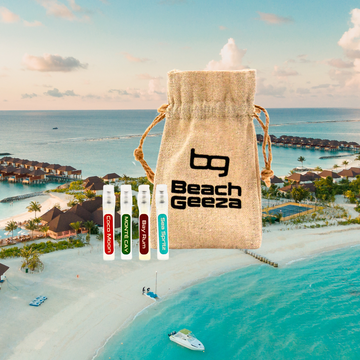 Beach Geeza Sample Set with a tropical resort background