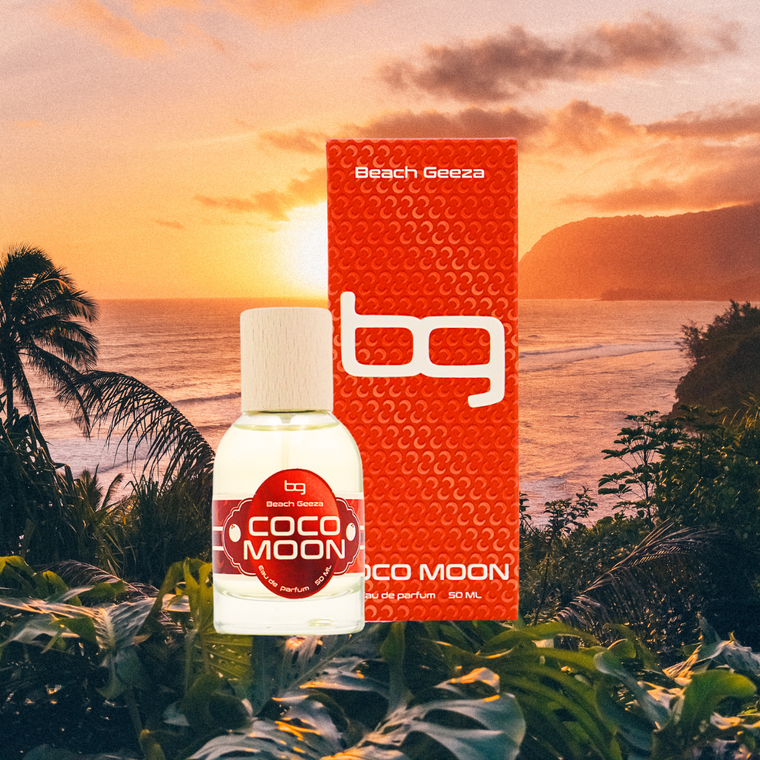 Beach Geeza Coco Moon perfume bottle and packaging with a tropical sunset background