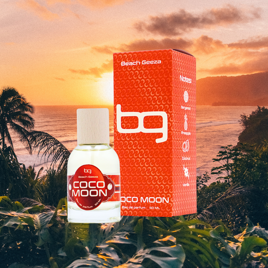 Beach Geeza Coco Moon product with sunset and beach background