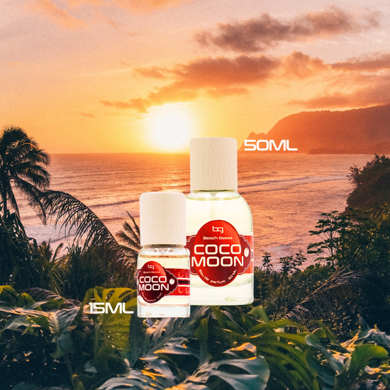 Coco Moon perfume bottles with a sunset and beach background