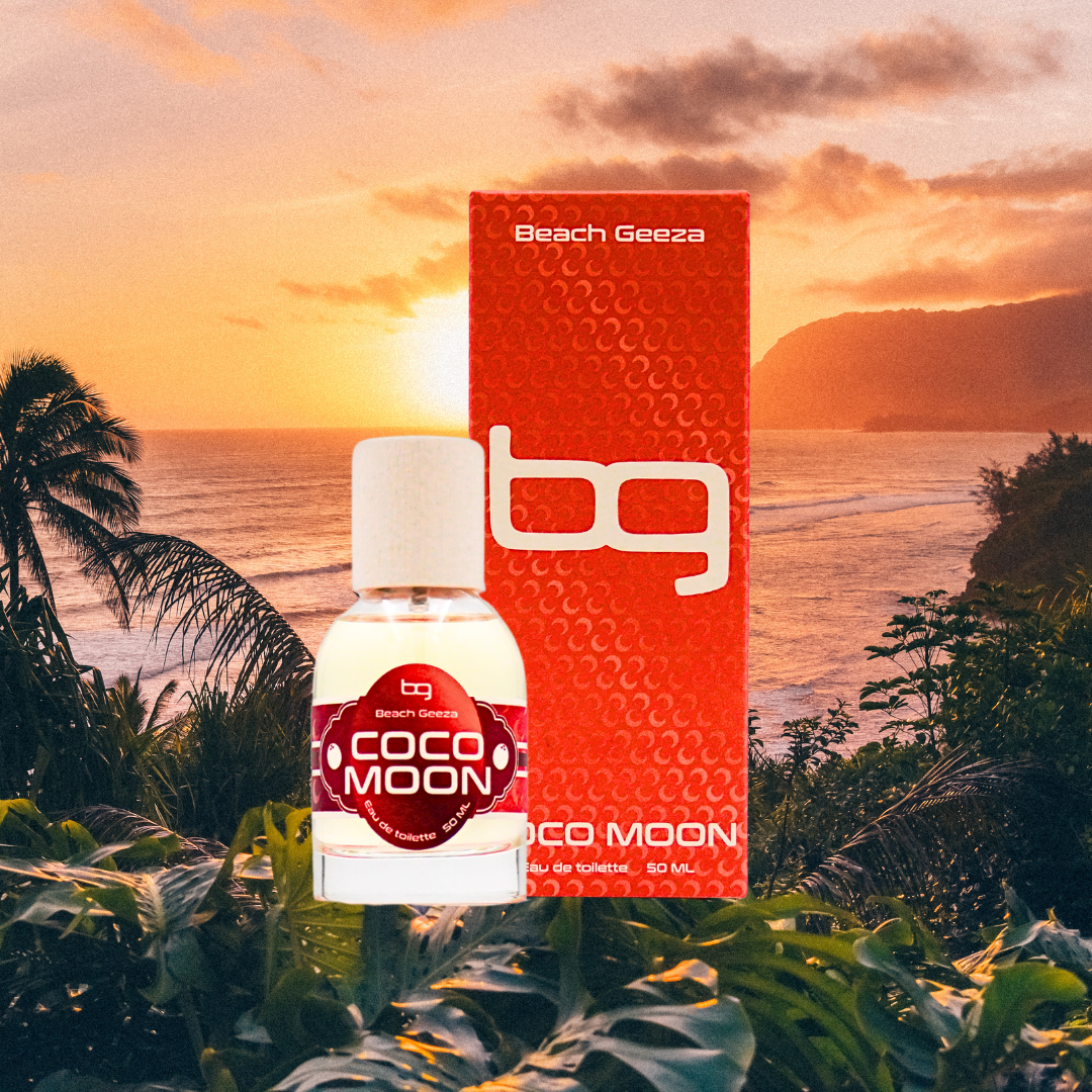 Beach Geeza Coco Moon product with sunset and ocean background