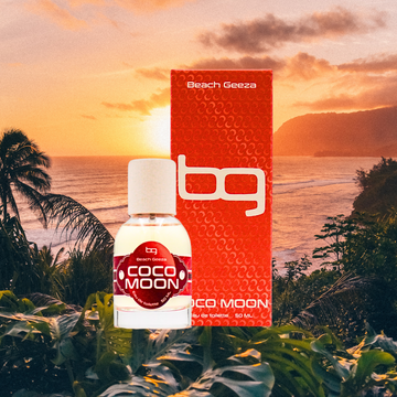 Beach Geeza Coco Moon product with sunset and ocean background