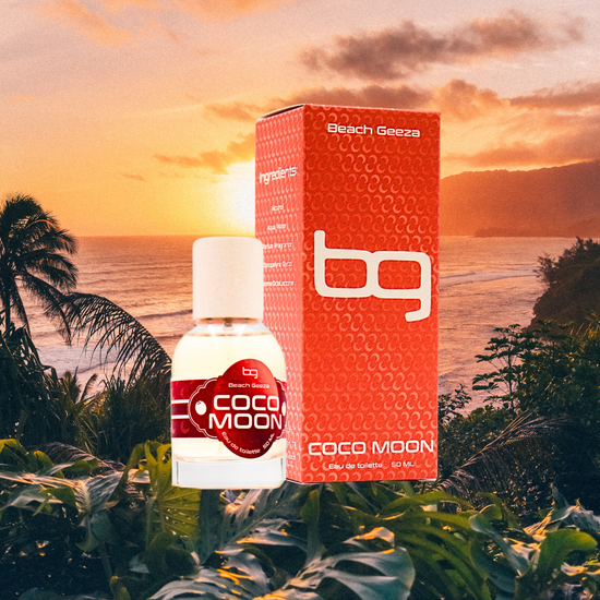 Coco Moon perfume bottle and packaging with 'Beach Geeza' branding against a sunset beach backdrop.