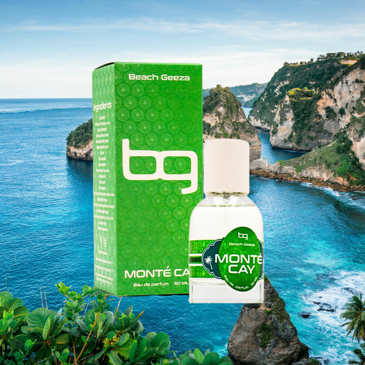 Monté Cay bottle and packaging with a scenic ocean view in the background