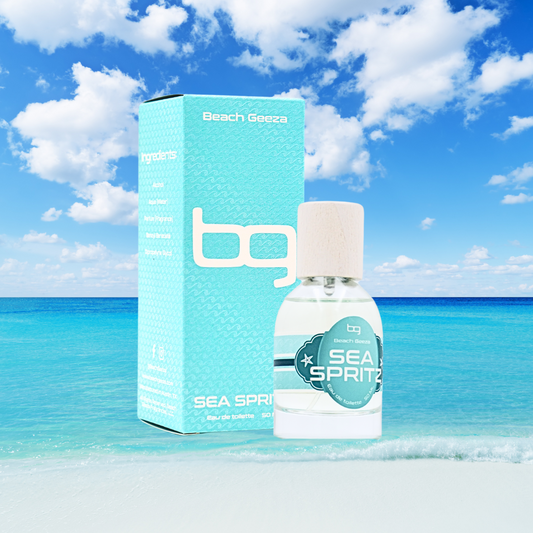 Beach Goetta Sea Spritz bottle and packaging with a beach background