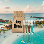 Beach Geeza sample set with a drawstring bag against a tropical resort background