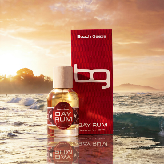 Beach Geeza Bay Rum bottle and packaging with sunset and ocean background