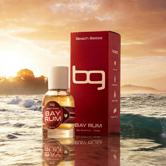 Beach Gezza Bay Rum bottle and packaging with a sunset beach background