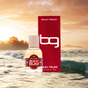 Beach Geeza Bay Rum perfume bottle and packaging with a sunset beach background