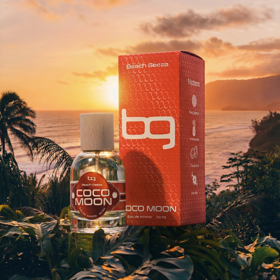 Beach Geeza Coco Moon product with sunset and beach background