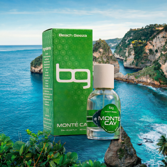 Monte Cay perfume bottle and packaging with a scenic ocean view in the background