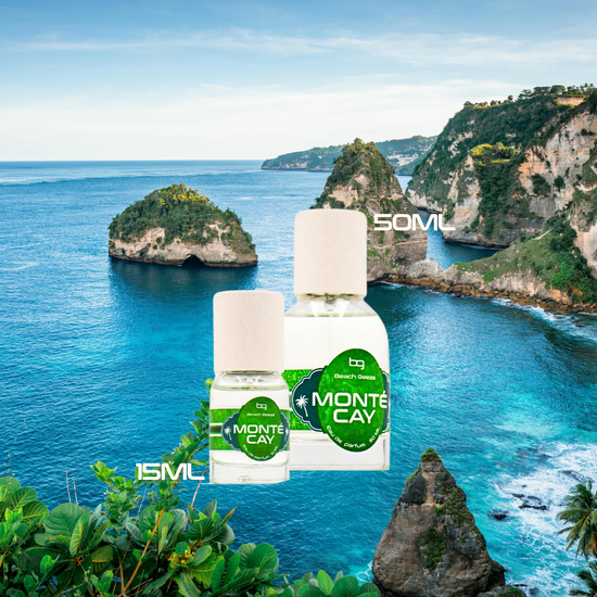Two bottles of Monte Cay perfume with a scenic ocean view in the background