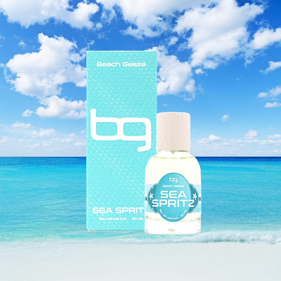 Bottle and packaging of Beach Geezas Sea Spritz against a beach background